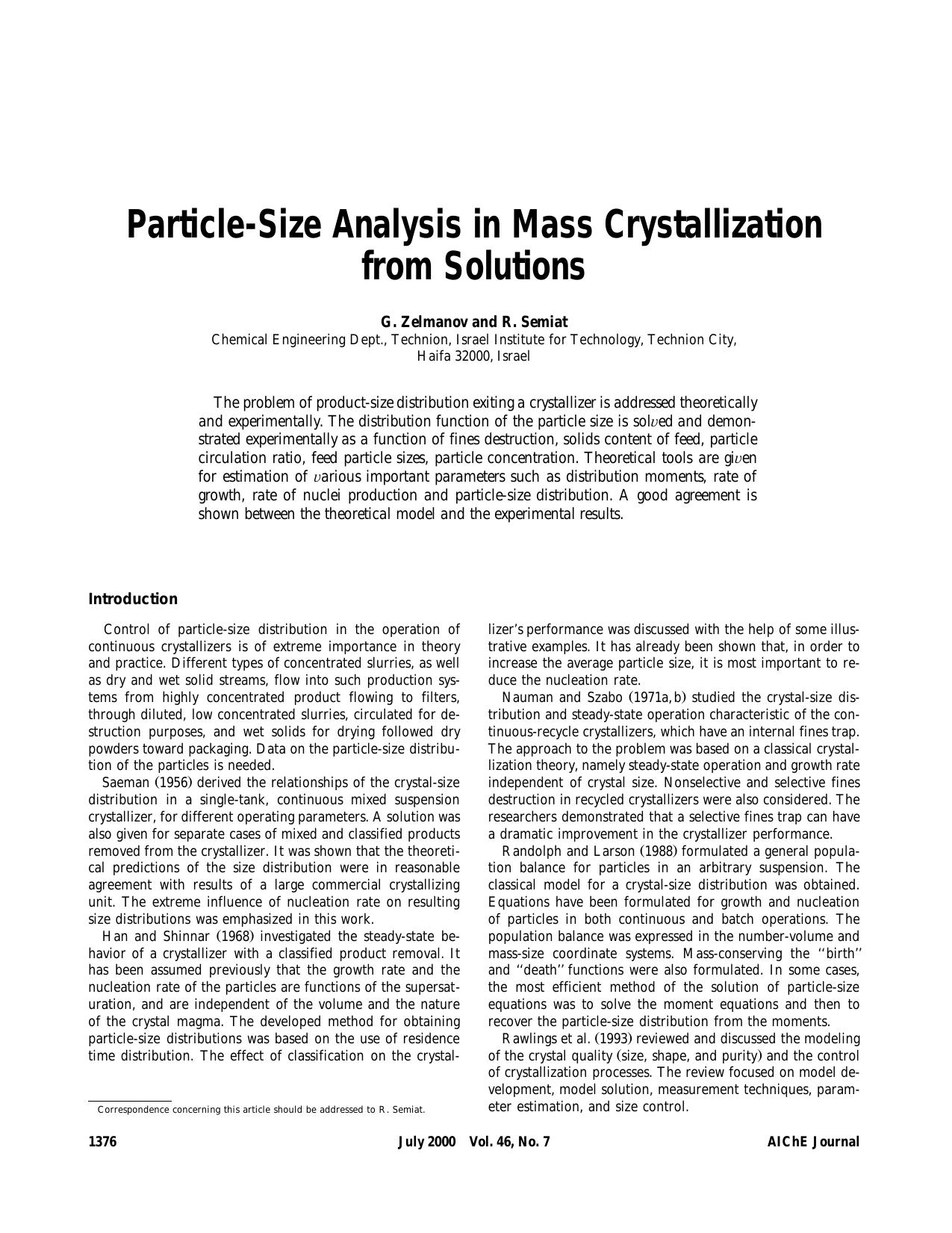 Particle-size analysis in mass crystallization from solutions by ?