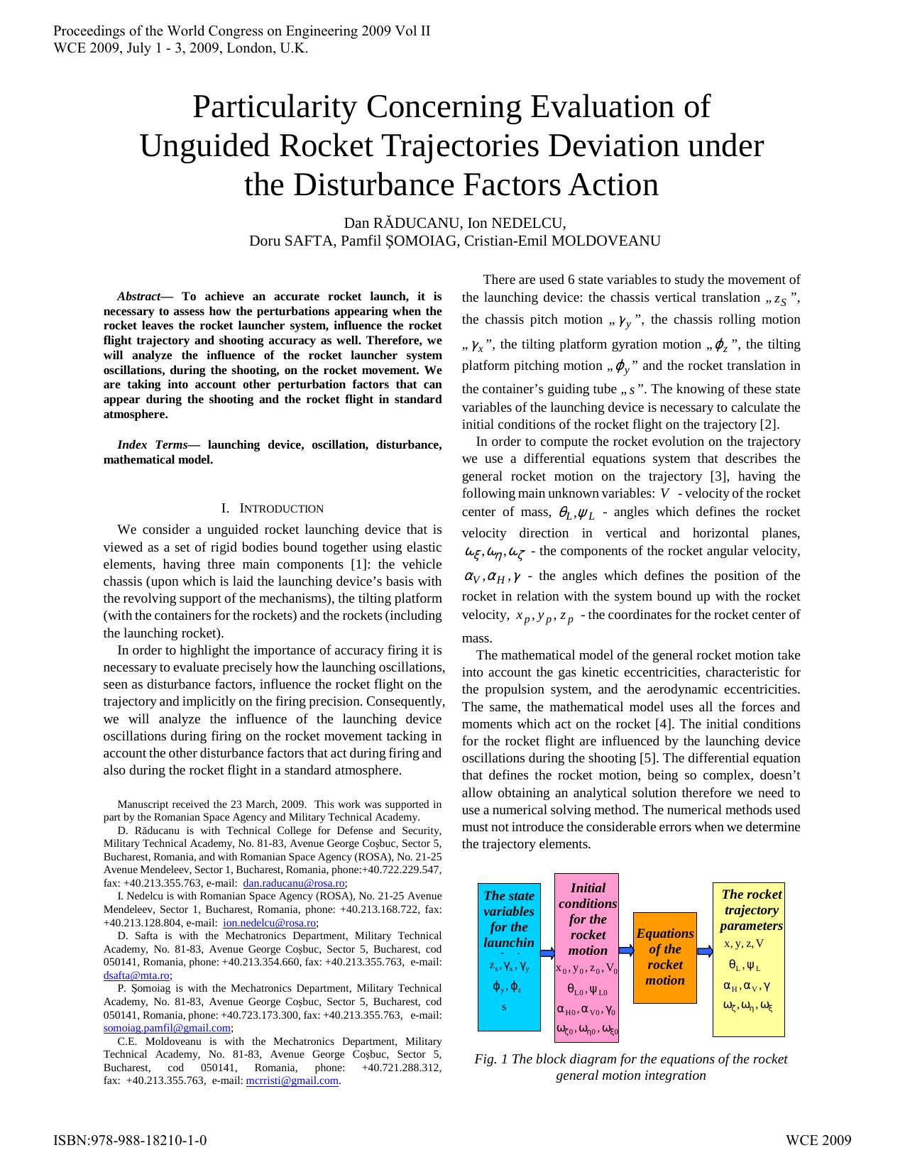 Particularity concerning evaluation of unguided rocket trajectories deviation under the disturbance factors action by Răducanu Dan Nedelcu Ion Safta Doru Şomoiag Pamfil Moldoveanu Cristian-Emil