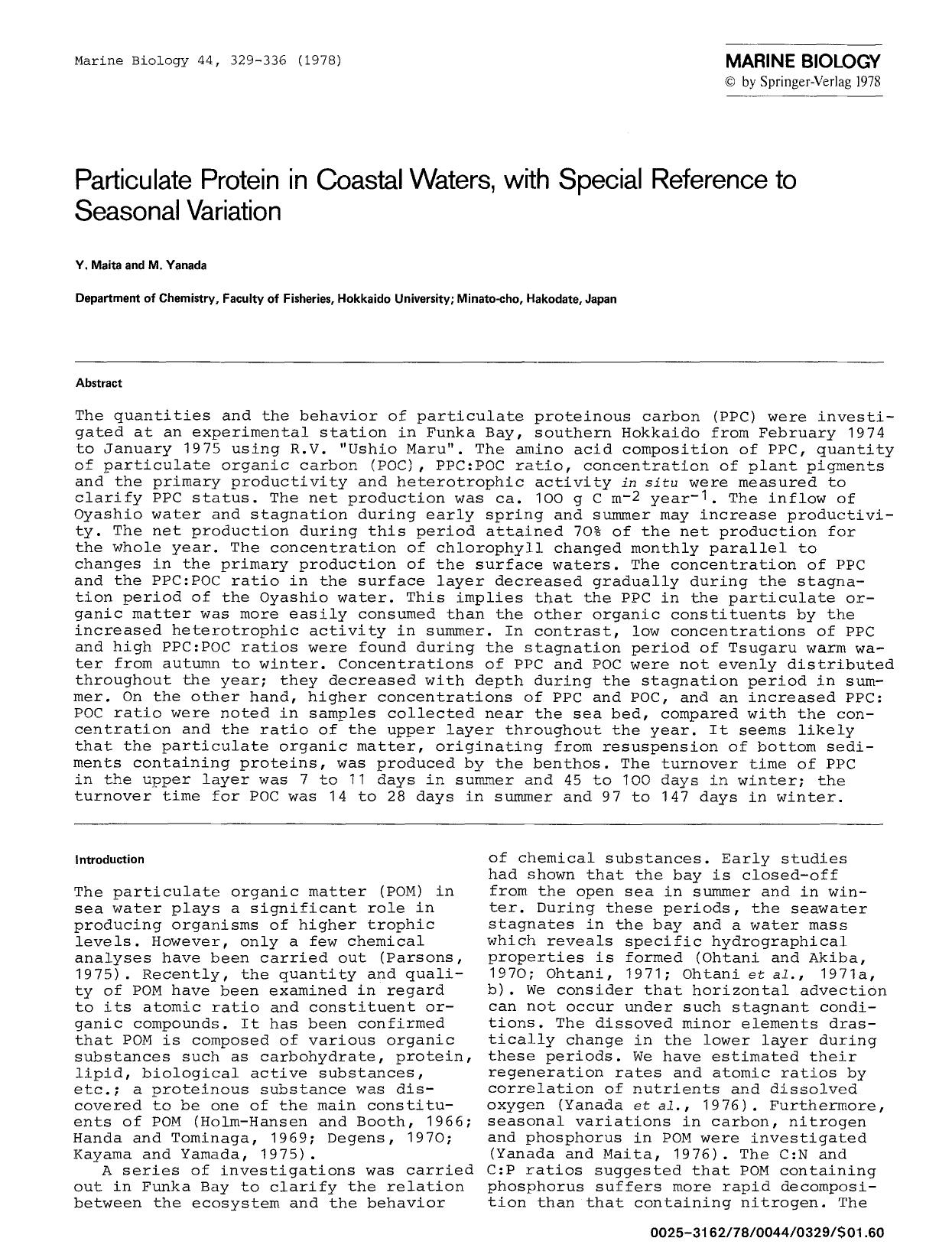 Particulate protein in coastal waters, with special reference to seasonal variation by Unknown