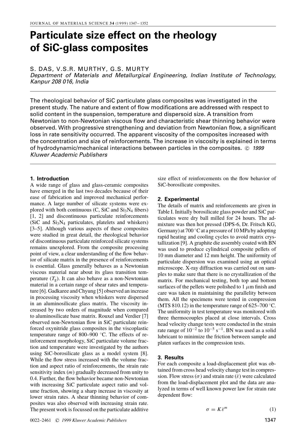 Particulate size effect on the rheology of SiC-glass composites by Unknown
