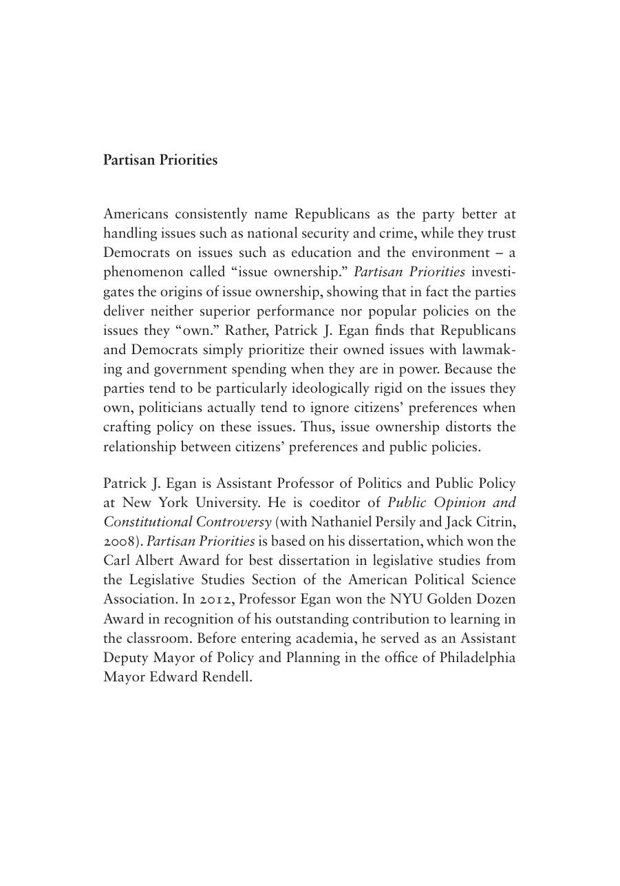 Partisan Priorities: How Issue Ownership Drives and Distorts American Politics by Patrick J. Egan