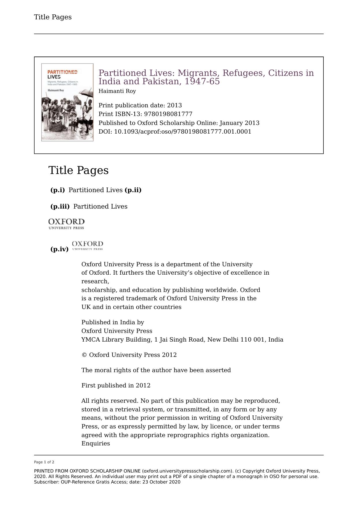 Partitioned Lives: Migrants, Refugees, Citizens in India and Pakistan, 1947-65 by Haimanti Roy