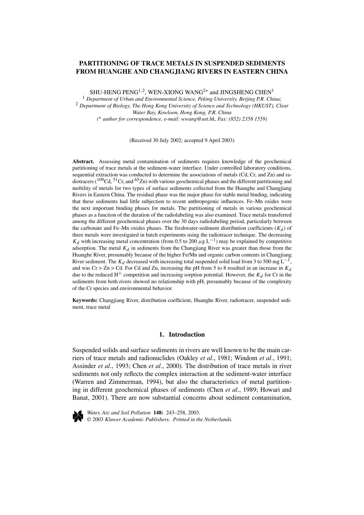 Partitioning of Trace Metals in Suspended Sediments from Huanghe and Changjiang Rivers in Eastern China by Unknown