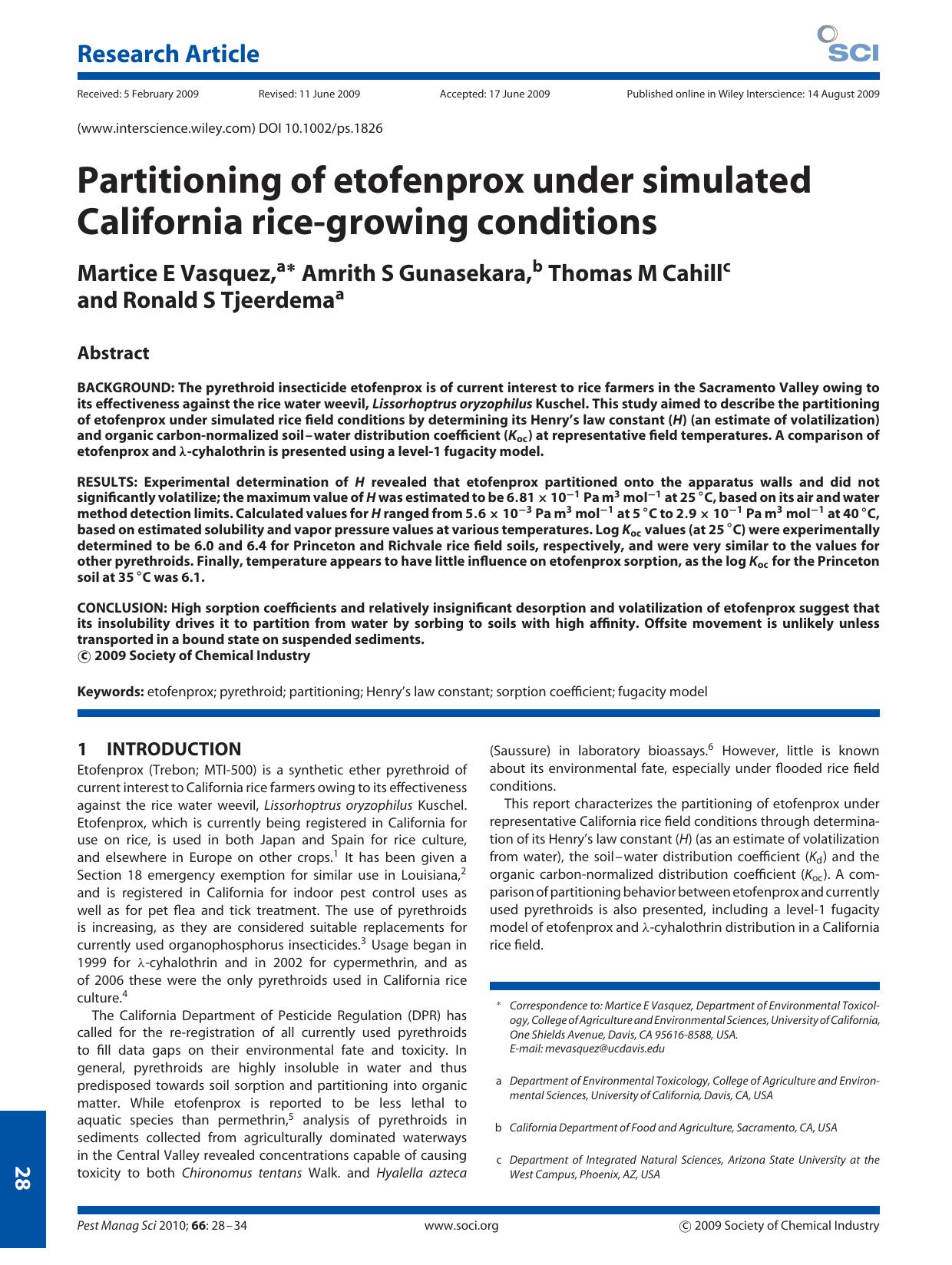 Partitioning of etofenprox under simulated California rice-growing conditions by Unknown