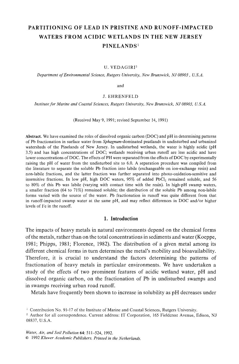 Partitioning of lead in pristine and runoff-impacted waters from acidic wetlands in the New Jersey Pinelands by Unknown