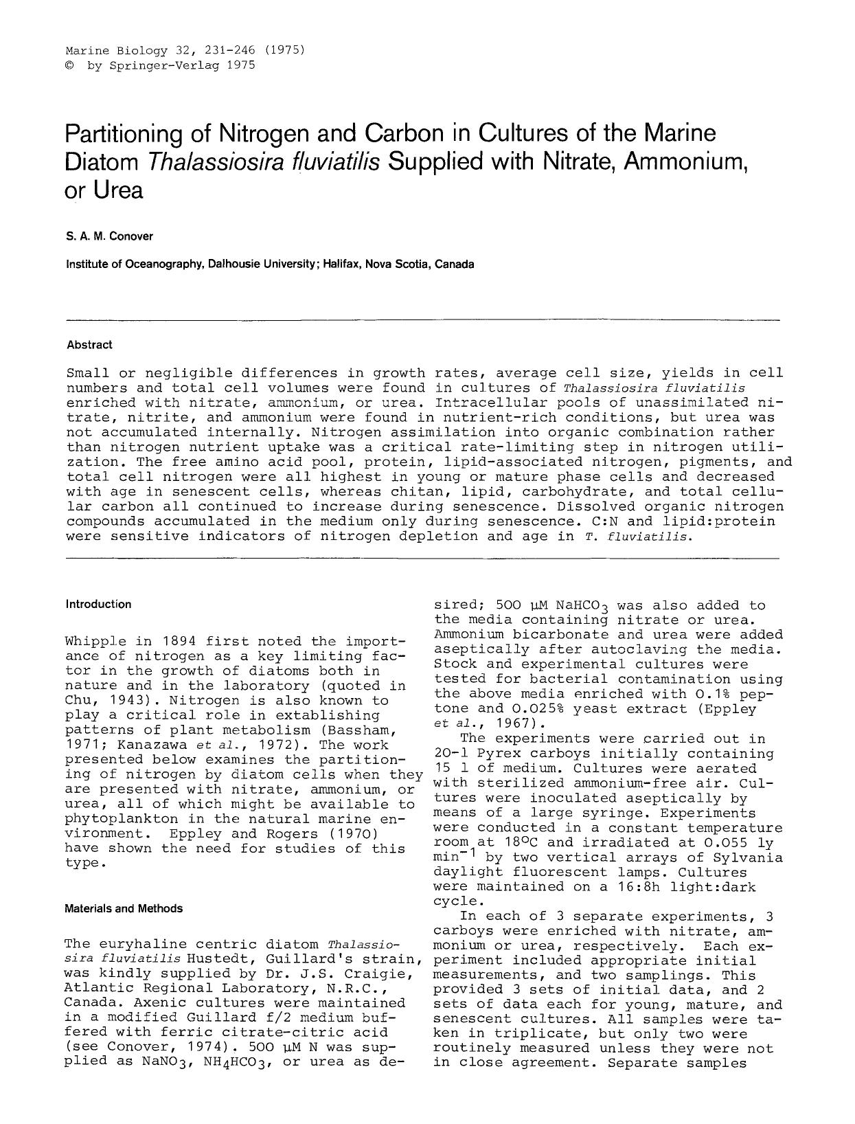 Partitioning of nitrogen and carbon in cultures of the marine diatom <Emphasis Type="Italic">Thalassiosira fluviatilis<Emphasis> supplied with nitrate, ammonium, or urea by Unknown