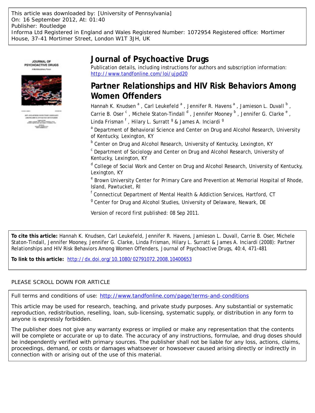 Partner Relationships and HIV Risk Behaviors Among Women Offenders by unknow