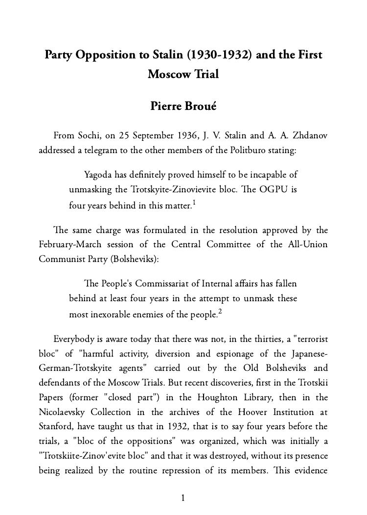 Party Opposition to Stalin (1930-1932) and the First Moscow Trial by Broue Pierre