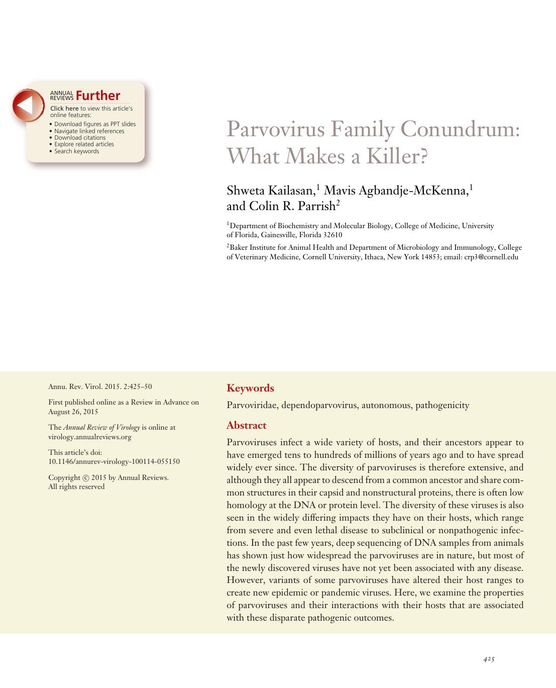 Parvovirus Family Conundrum: What Makes a Killer? by Shweta Kailasan Mavis Agbandje-McKenna Colin R. Parrish