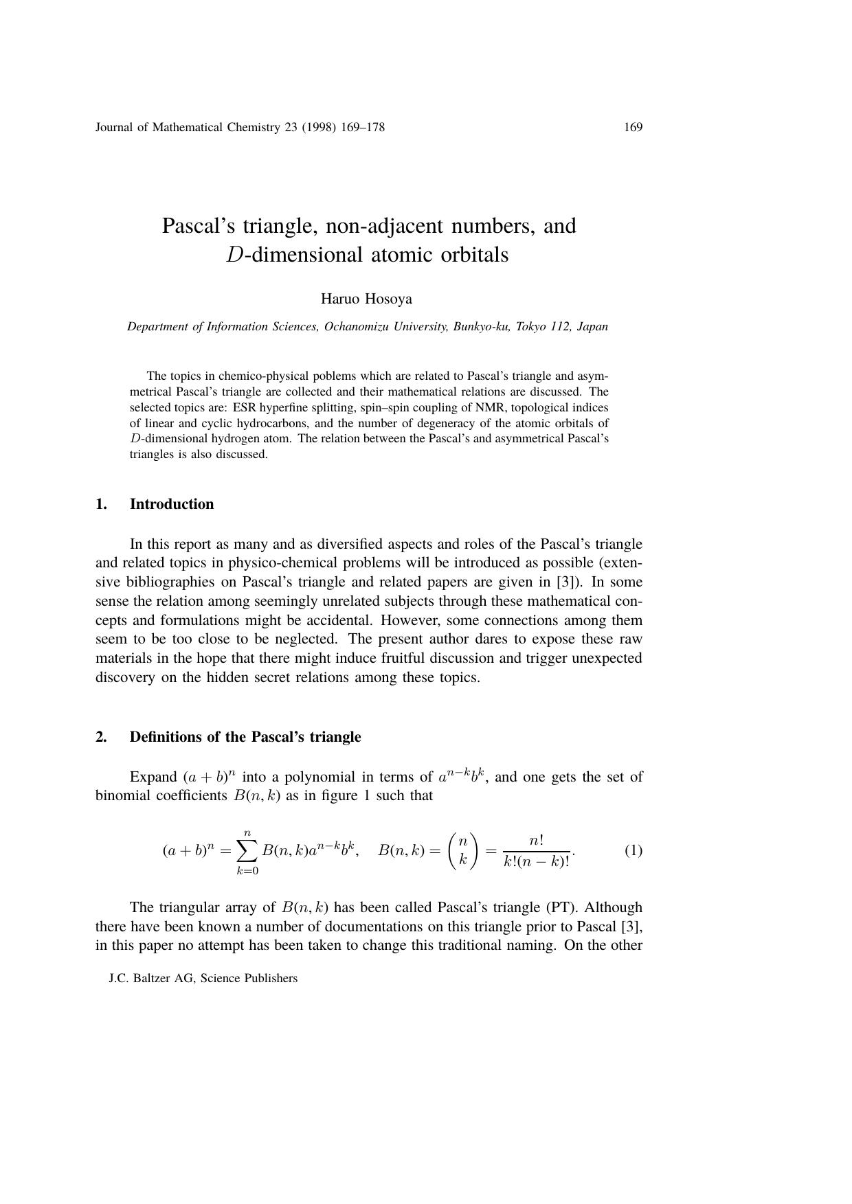 Pascal&#x2019;s triangle, non&#x2010;adjacent numbers, and <Emphasis Type="Italic">D<Emphasis>-dimensional atomic orbitals by Unknown