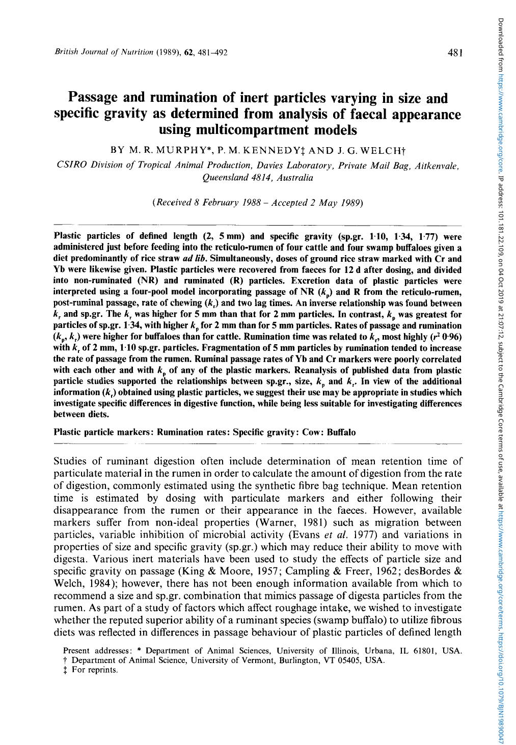 Passage and rumination of inert particles varying in size and specific gravity as determined from analysis of faecal appearance using multicompartment models by M. R. Murphy P. M. Kennedy & J. G. Welch