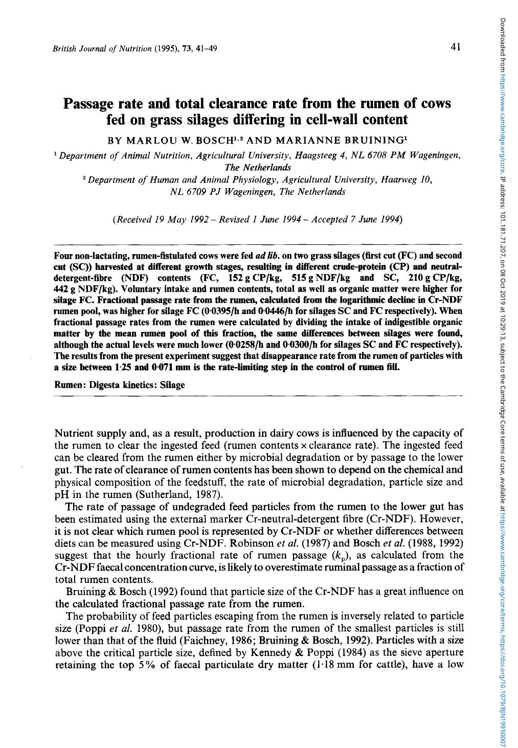 Passage rate and total clearance rate from the rumen of cows fed on grass silages differing in cell-wall content by Marlou W. Bosch Marianne Bruining