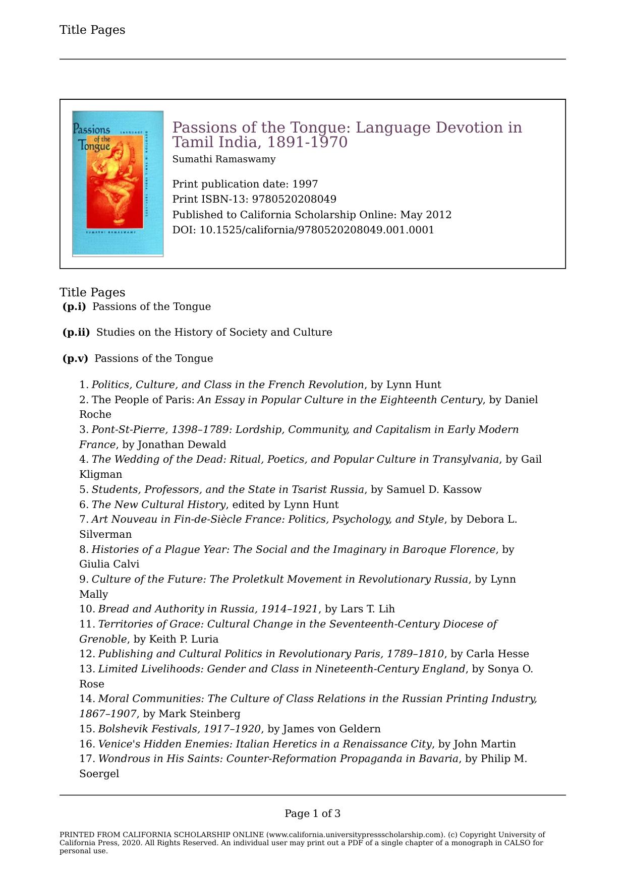 Passions of the Tongue: Language Devotion in Tamil India, 1891-1970 by Sumathi Ramaswamy