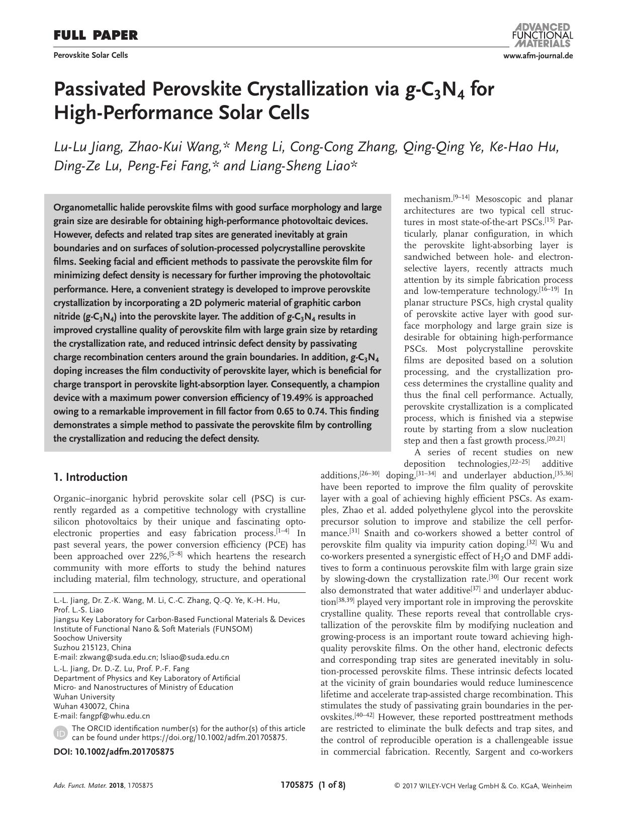 Passivated Perovskite Crystallization via g‐C3N4 for High‐Performance Solar Cells by Unknown