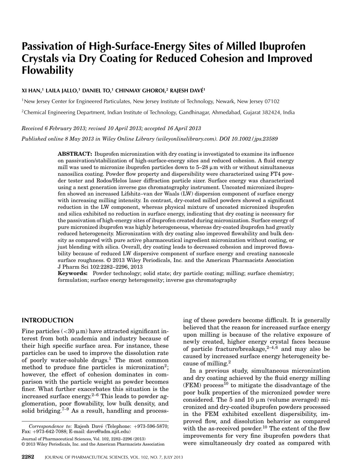 Passivation of highsurfaceenergy sites of milled ibuprofen crystals via dry coating for reduced cohesion and improved flowability by Unknown