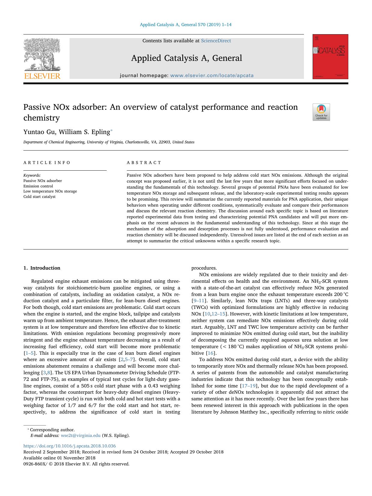 Passive NOx adsorber_ An overview of catalyst performance and reaction chemistry by Yuntao Gu & William S. Epling