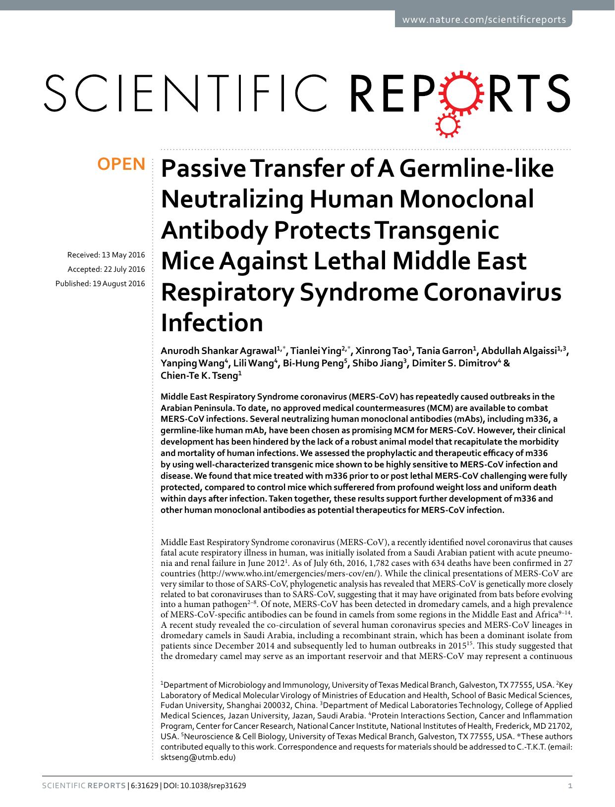 Passive Transfer of A Germline-like Neutralizing Human Monoclonal Antibody Protects Transgenic Mice Against Lethal Middle East Respiratory Syndrome Coronavirus Infection by unknow