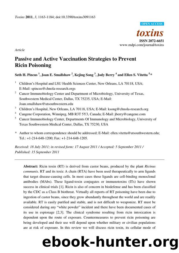 Passive and Active Vaccination Strategies to Prevent Ricin Poisoning by Seth H. Pincus & Joan E. Smallshaw & Kejing Song & Jody Berry and Ellen S. Vitetta *