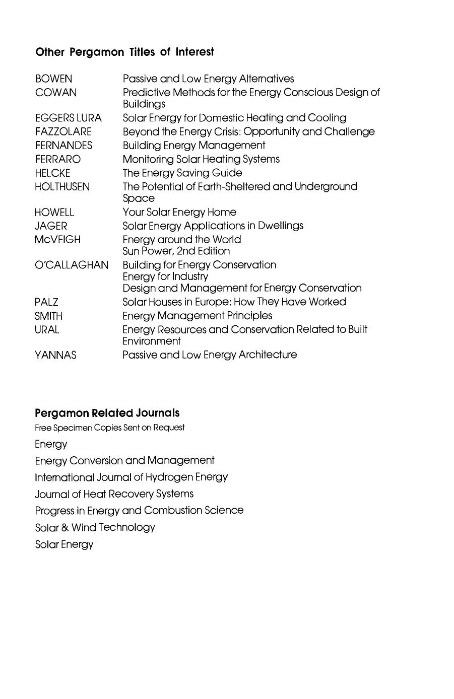 Passive and Low Energy Ecotechniques. Proceedings of the Third International PLEA Conference, Mexico City, Mexico, 6â11 August 1984 by Arthur Bowen and Simos Yannas (Eds.)
