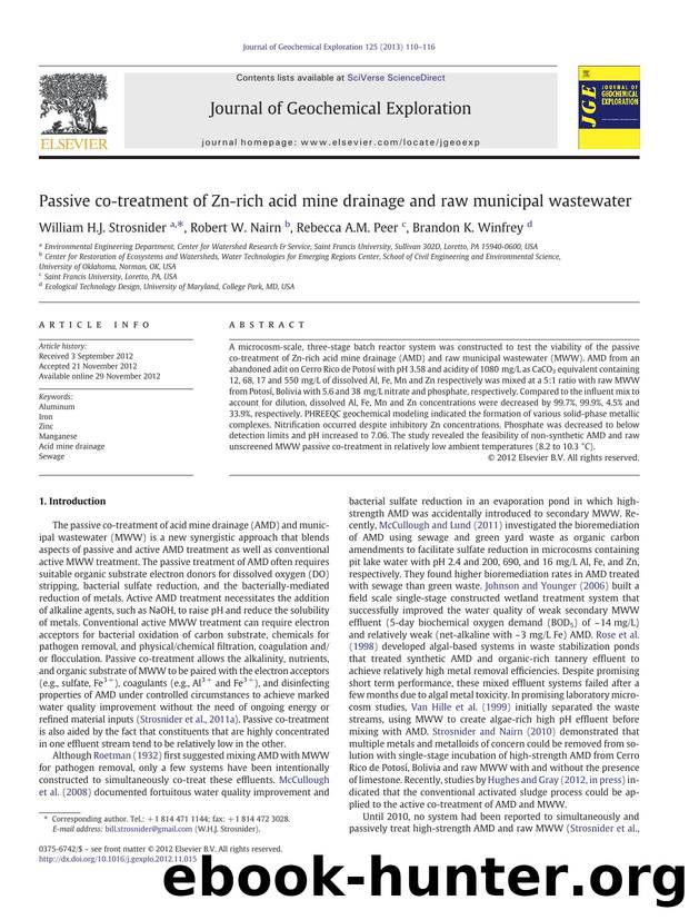 Passive co-treatment of Zn-rich acid mine drainage and raw municipal wastewater by William H.J. Strosnider & Robert W. Nairn & Rebecca A.M. Peer & Brandon K. Winfrey