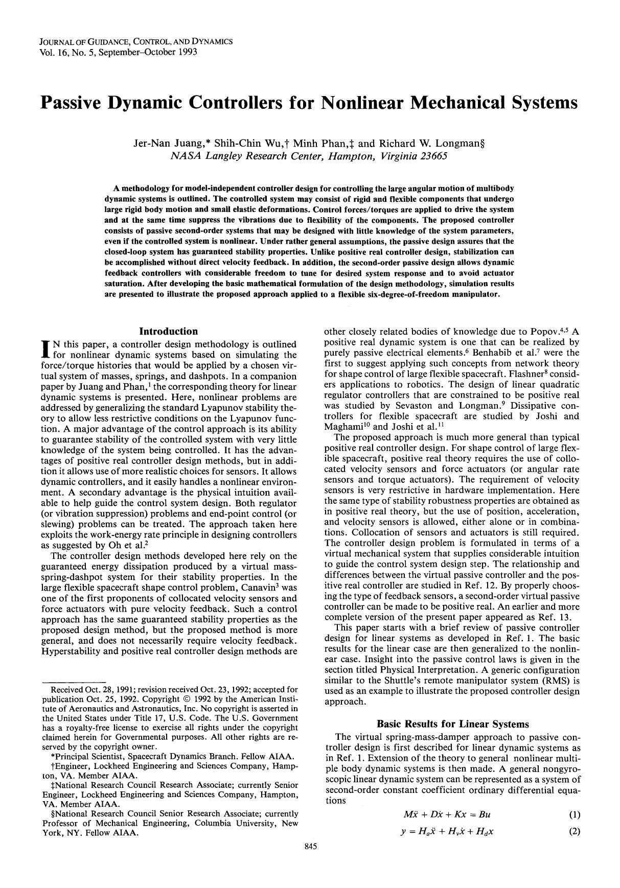 Passive dynamic controllers for nonlinear mechanical systems by Unknown