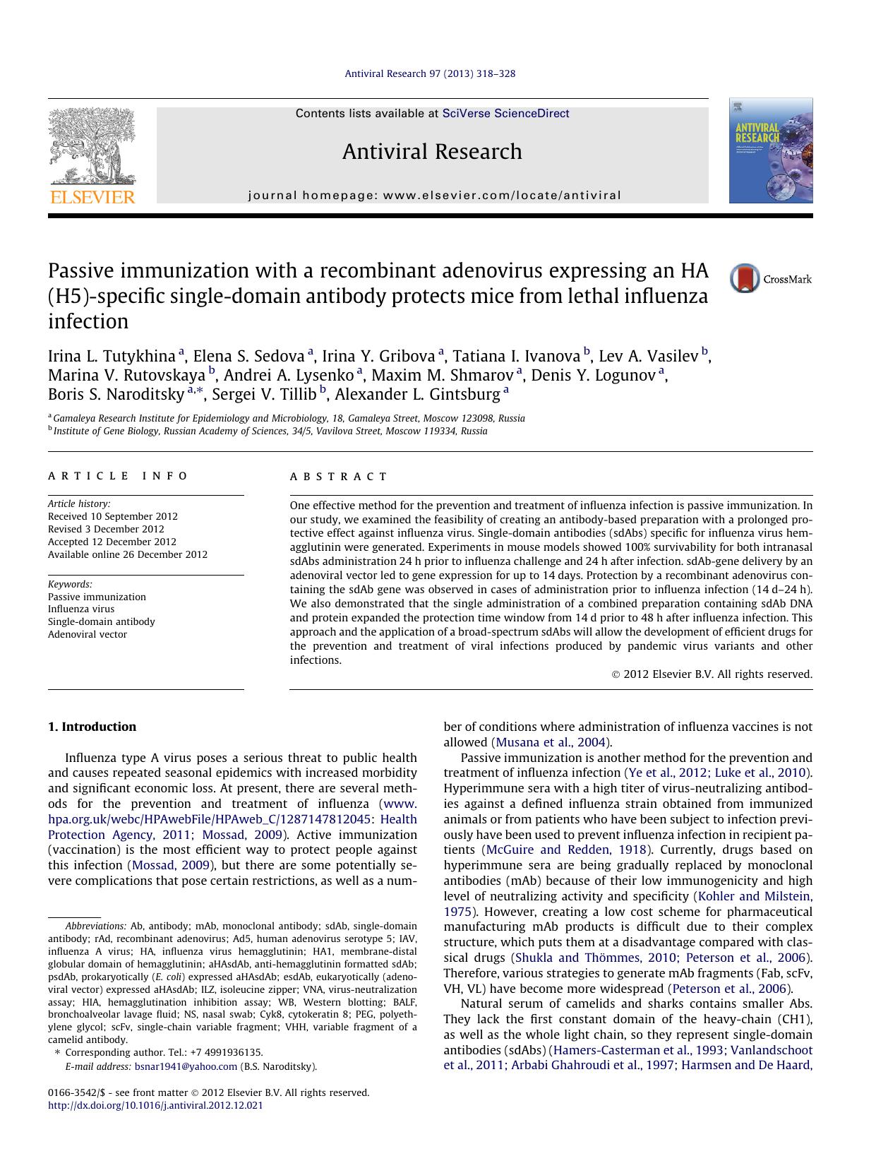 Passive immunization with a recombinant adenovirus expressing an HA (H5)-specific single-domain antibody protects mice from lethal influenza infection by unknow