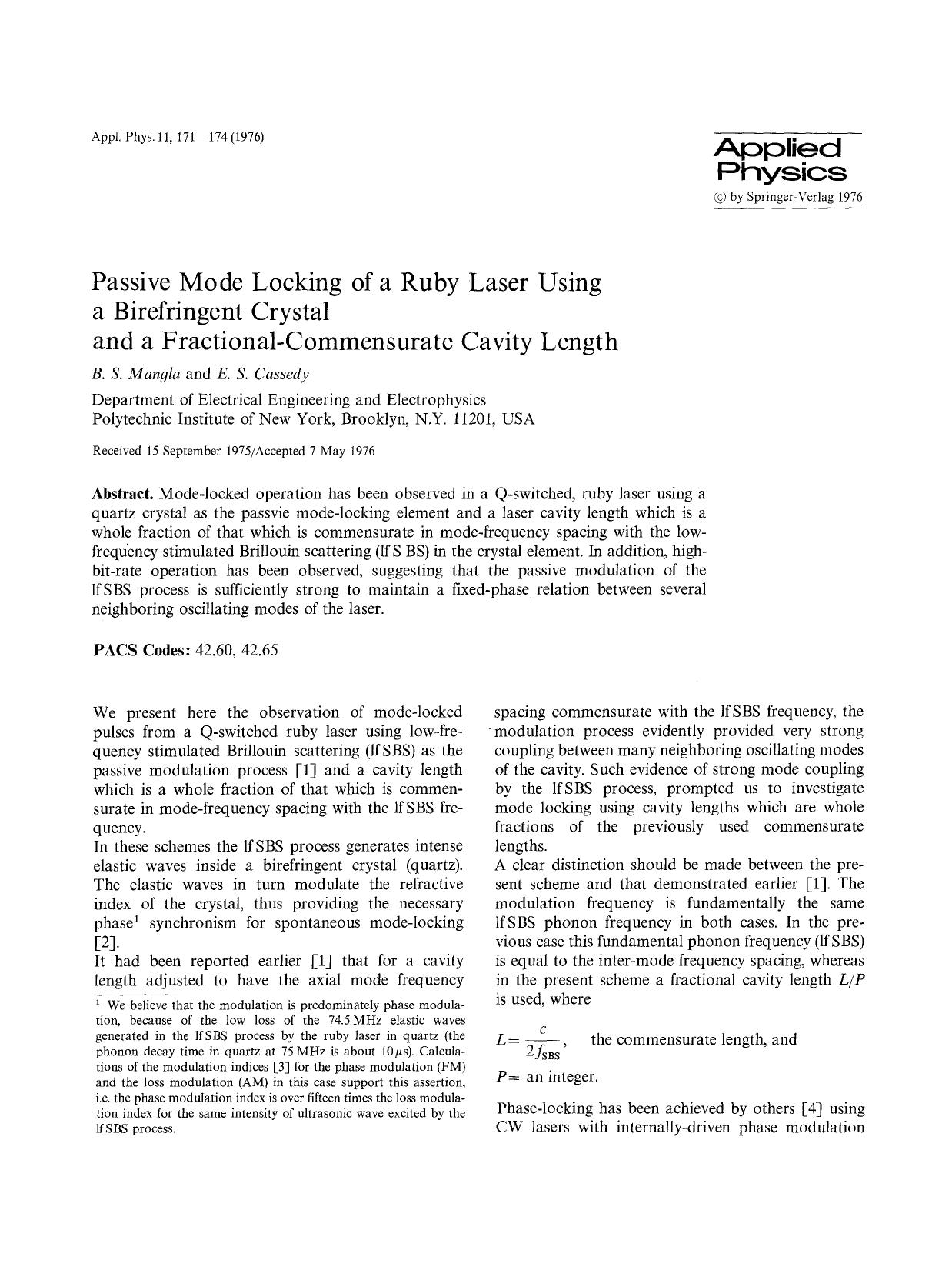 Passive mode locking of a ruby laser using a birefringent crystal and a fractional-commensurate cavity length by Unknown