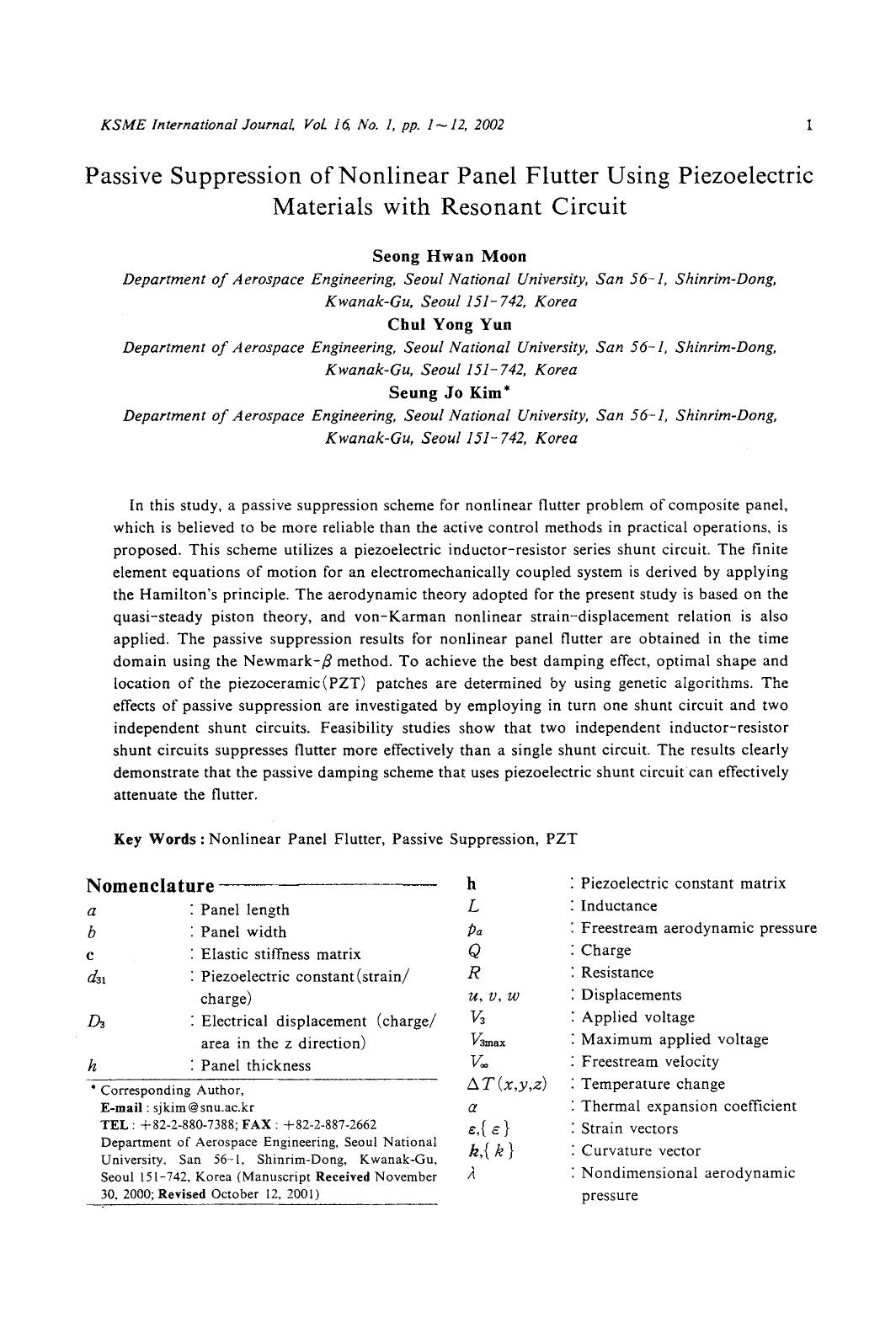 Passive suppression of nonlinear panel flutter using piezoelectric materials with resonant circuit by Unknown