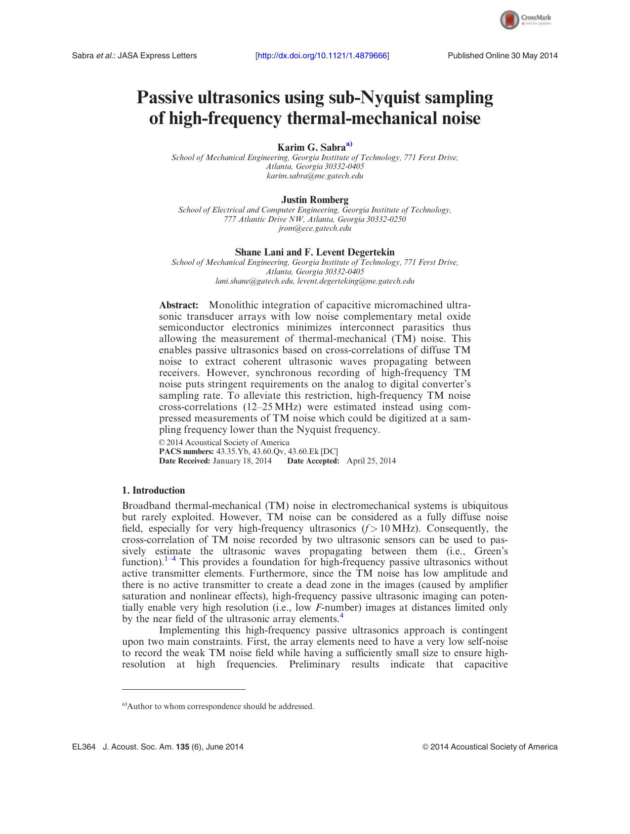 Passive ultrasonics using sub-Nyquist sampling of high-frequency thermal-mechanical noise by Karim G. Sabra & Justin Romberg & Shane Lani & F. Levent Degertekin