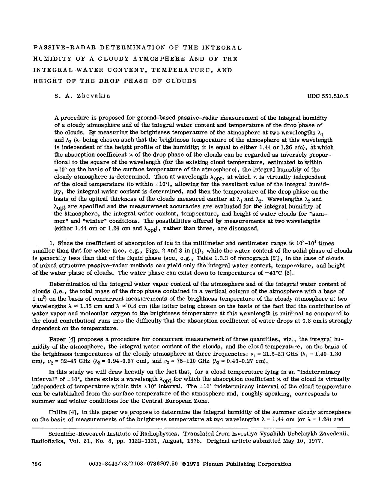 Passive-radar determination of the integral humidity of a cloudy atmosphere and of the intergral water content, temperature, and height of the drop phase of clouds by Unknown