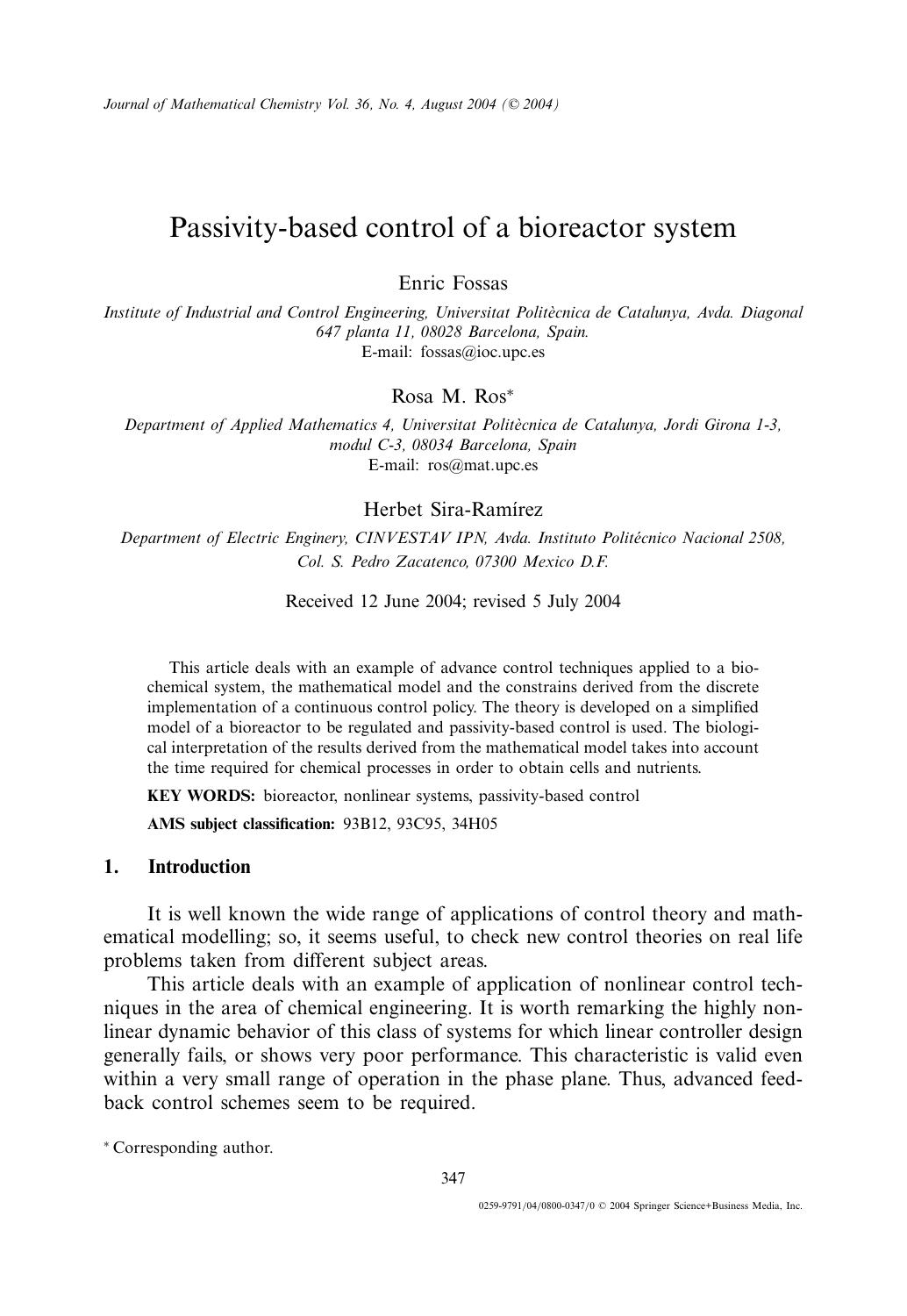 Passivity-Based Control of a Bioreactor System by Unknown