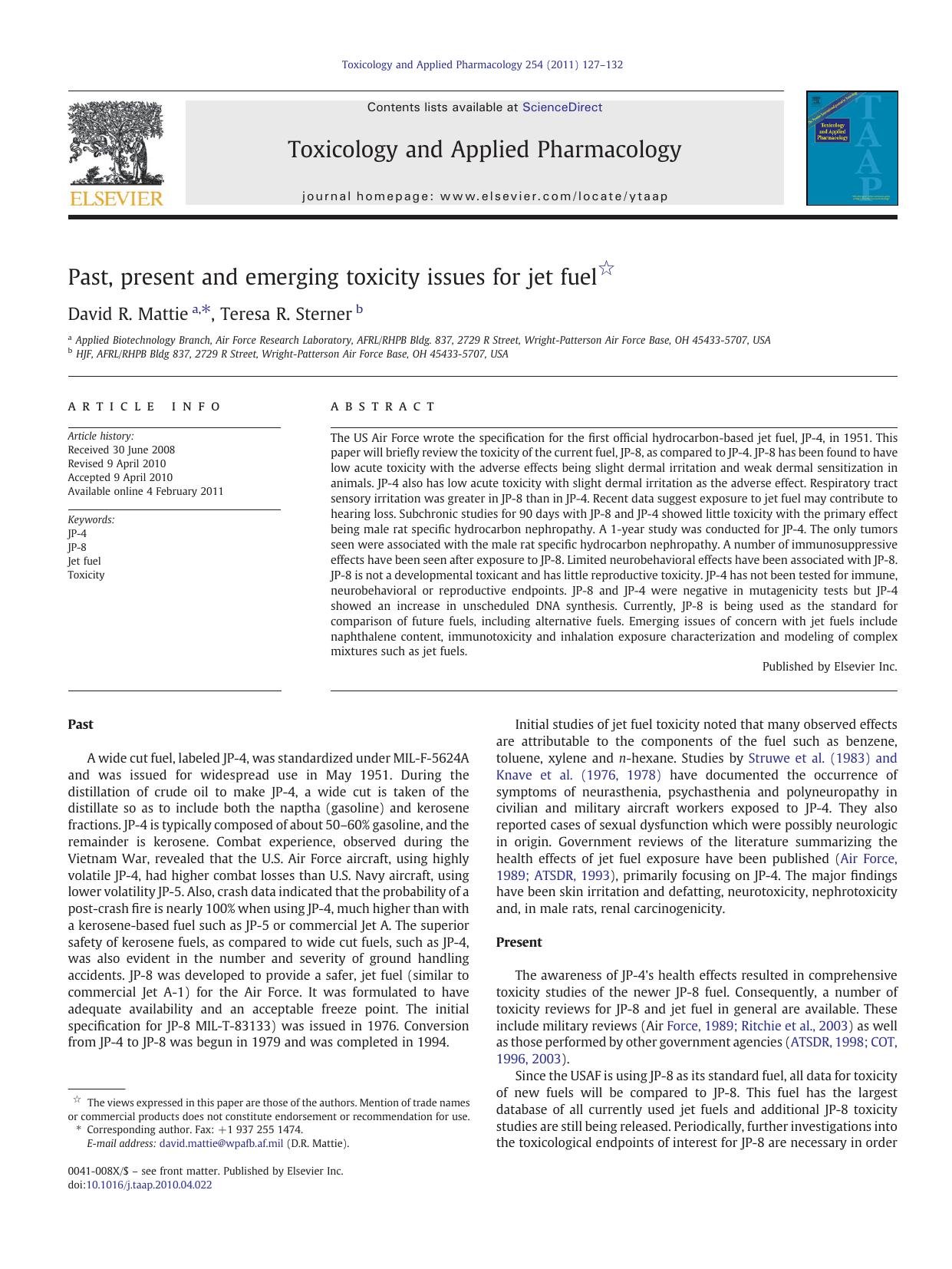 Past, present and emerging toxicity issues for jet fuel by David R. Mattie & Teresa R. Sterner