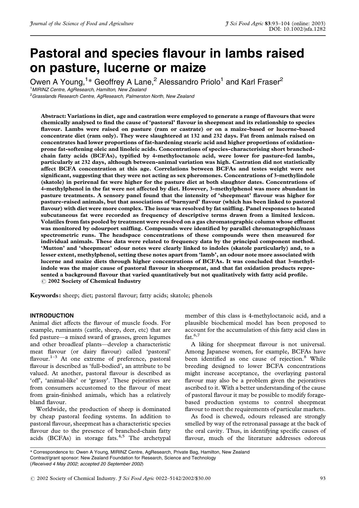 Pastoral and species flavour in lambs raised on pasture, lucerne or maize by Unknown