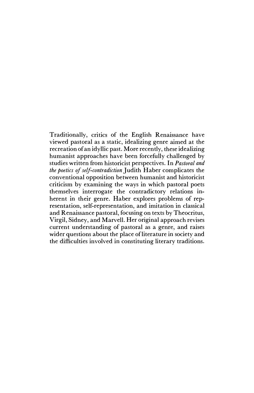 Pastoral and the Poetics of Self-Contradiction: Theocritus to Marvell by Judith Haber