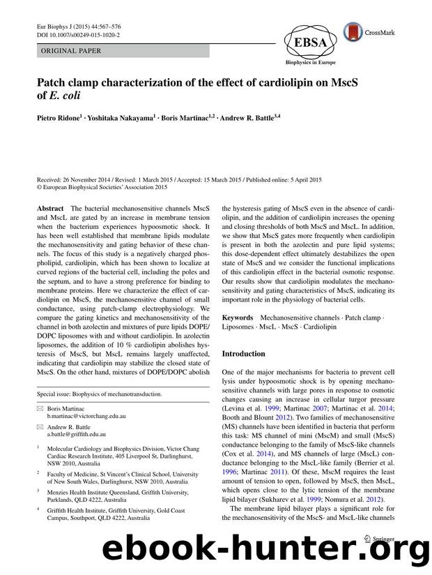 Patch clamp characterization of the effect of cardiolipin on MscS of E. coli by Pietro Ridone & Yoshitaka Nakayama & Boris Martinac & Andrew R. Battle