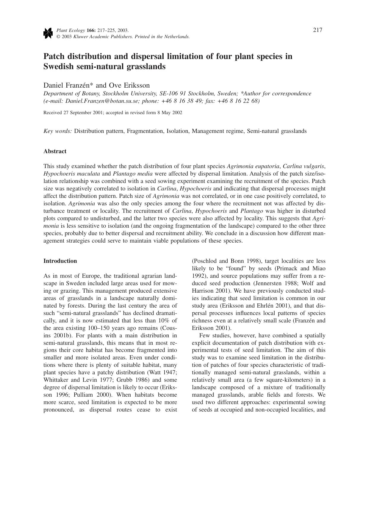 Patch distribution and dispersal limitation of four plant species in Swedish semi-natural grasslands by Unknown
