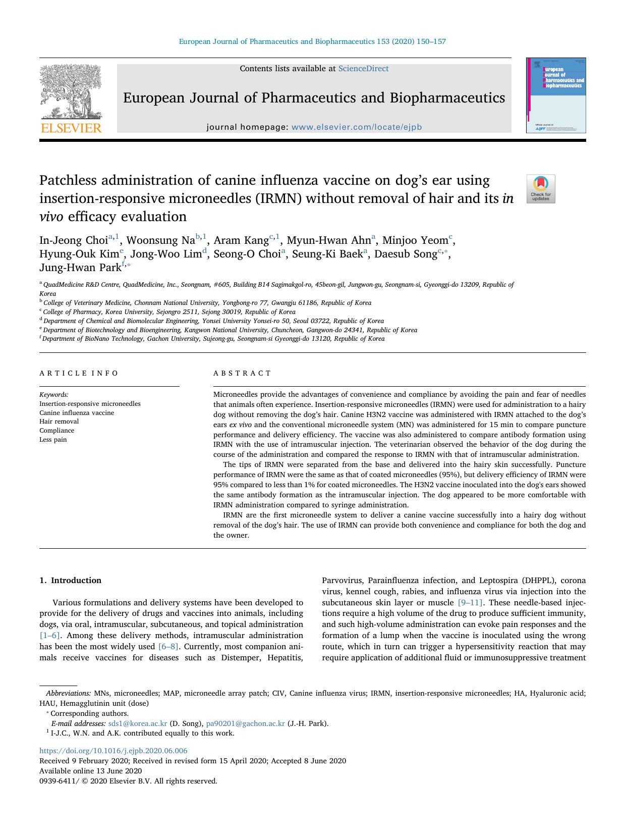Patchless administration of canine influenza vaccine on dogâs ear using insertion-responsive microneedles (IRMN) without removal of hair and its in vivo efficacy evaluation by unknow