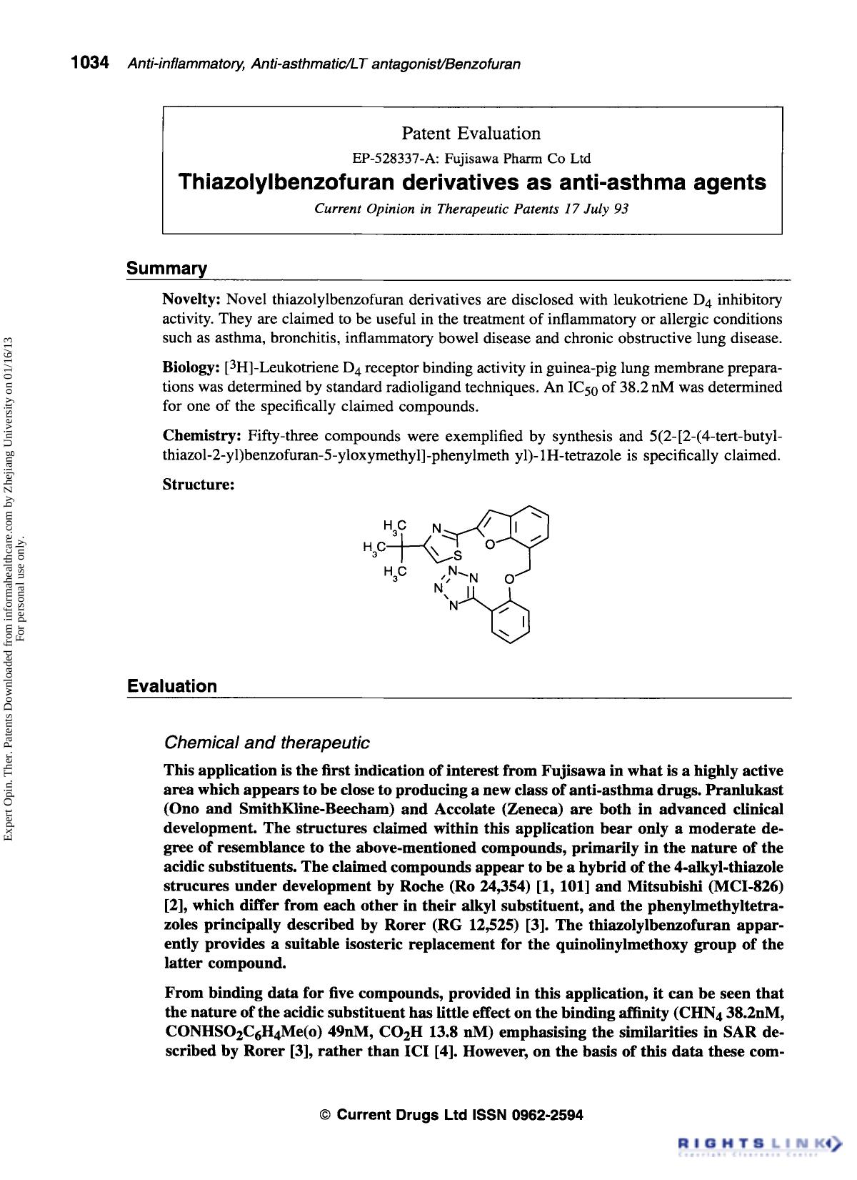 Patent Evaluation : EP-528337-A: Fujisawa Pharm Co Ltd: Thiazolylbenzofuran derivatives as anti-asthma agents by Unknown