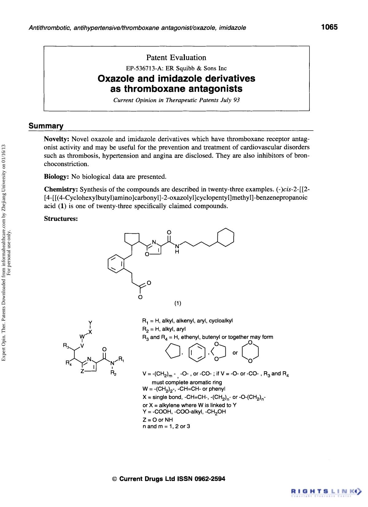 Patent Evaluation : EP-536713-A: ER Squibb & Sons Inc: Oxazole and imidazole derivatives as thromboxane antagonists by Unknown