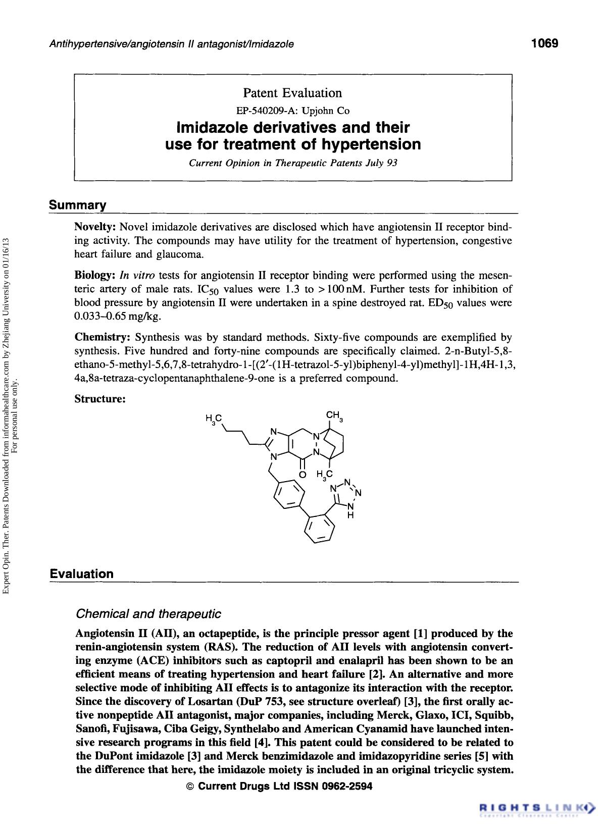 Patent Evaluation : EP-540209-A: Upjohn Co: Imidazole derivatives and their use for treatment of hypertension by Unknown