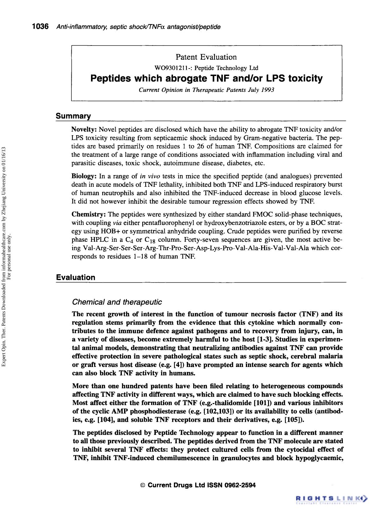 Patent Evaluation : W0930121 I-: Peptide Technology Ltd: Peptides which abrogate TNF andor LPS toxicity by Unknown
