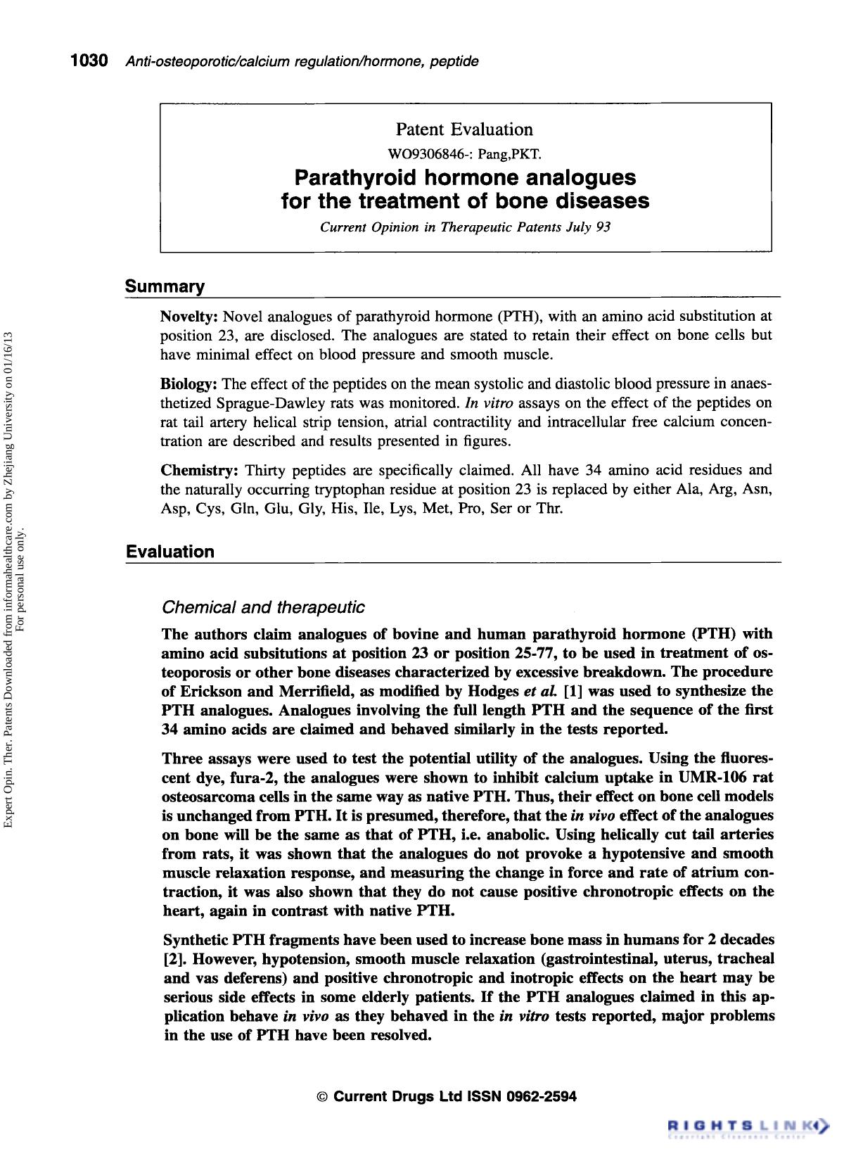 Patent Evaluation : W09306846-: Pmg, PKT.: Parathyroid hormone analogues for the treatment of bone diseases by Unknown