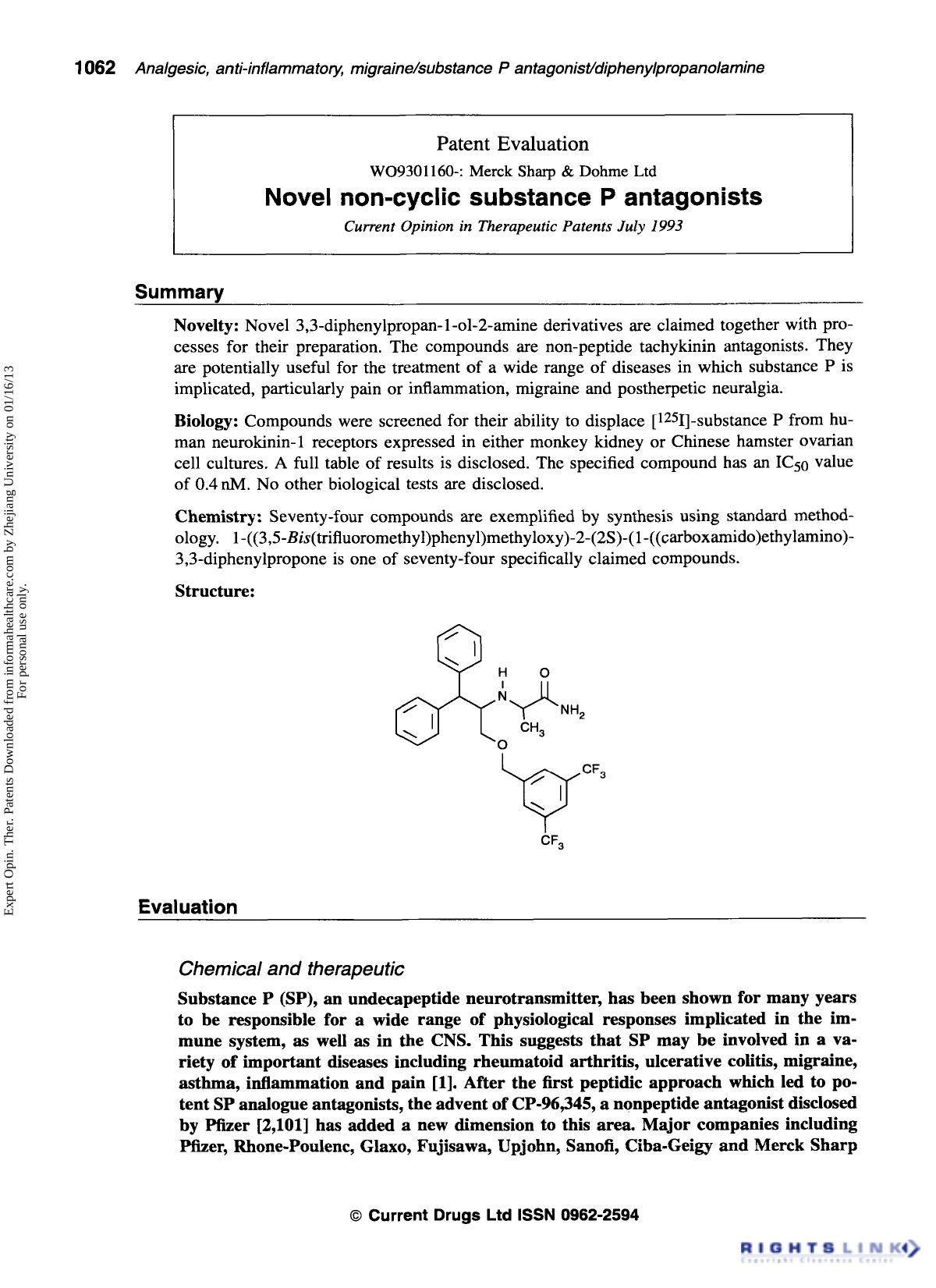 Patent Evaluation : WO9301160-: Merck Sharp & Dohme Ltd: Novel non-cyclic substance P antagonists by Unknown