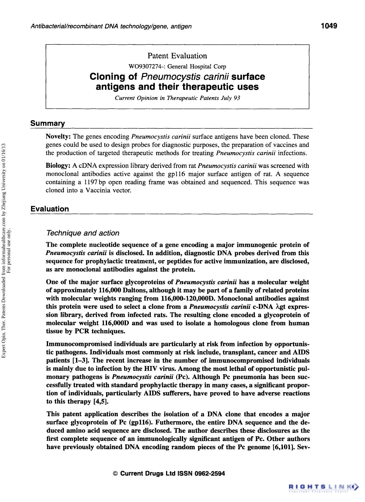 Patent Evaluation : WO9307274-: General Hospital Corp: Cloning of Pneumocystis carinii surface antigens and their therapeutic uses by Unknown