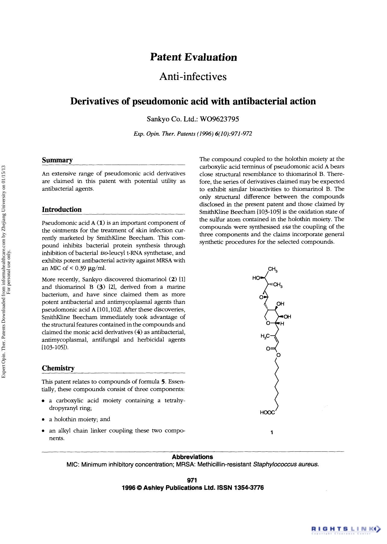 Patent Evaluation Anti-infectives: Derivatives of pseudomonic acid with antibacterial action by Unknown
