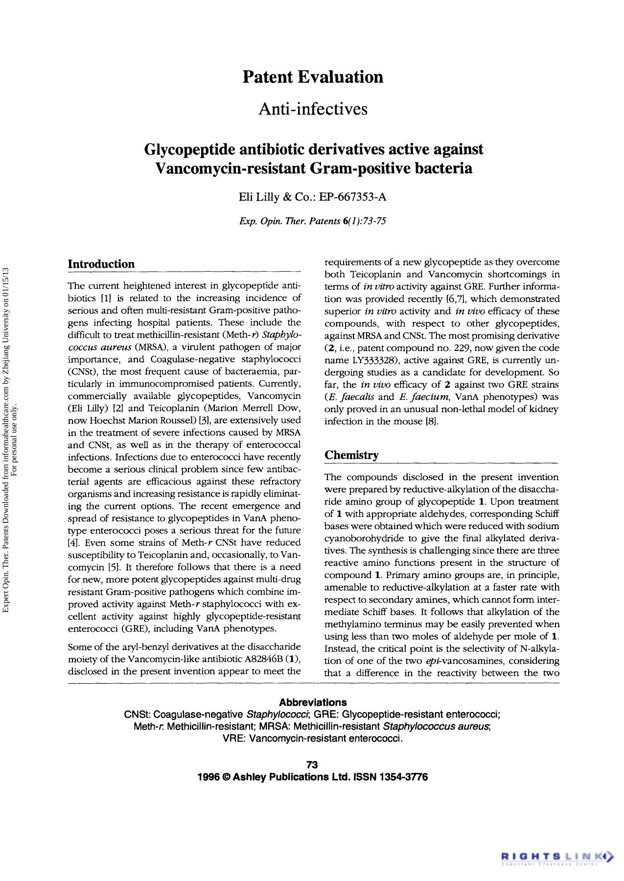 Patent Evaluation Anti-infectives: Glycopeptide antibiotic derivatives active against Vancomycin-resistant Gram-positive bacteria by Unknown