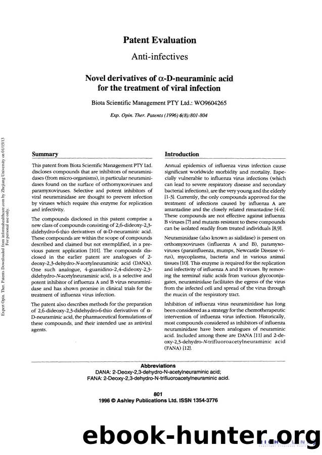 Patent Evaluation Anti-infectives: Novel derivatives of â²-D-neuraminic acid for the treatment of viral infection by Unknown