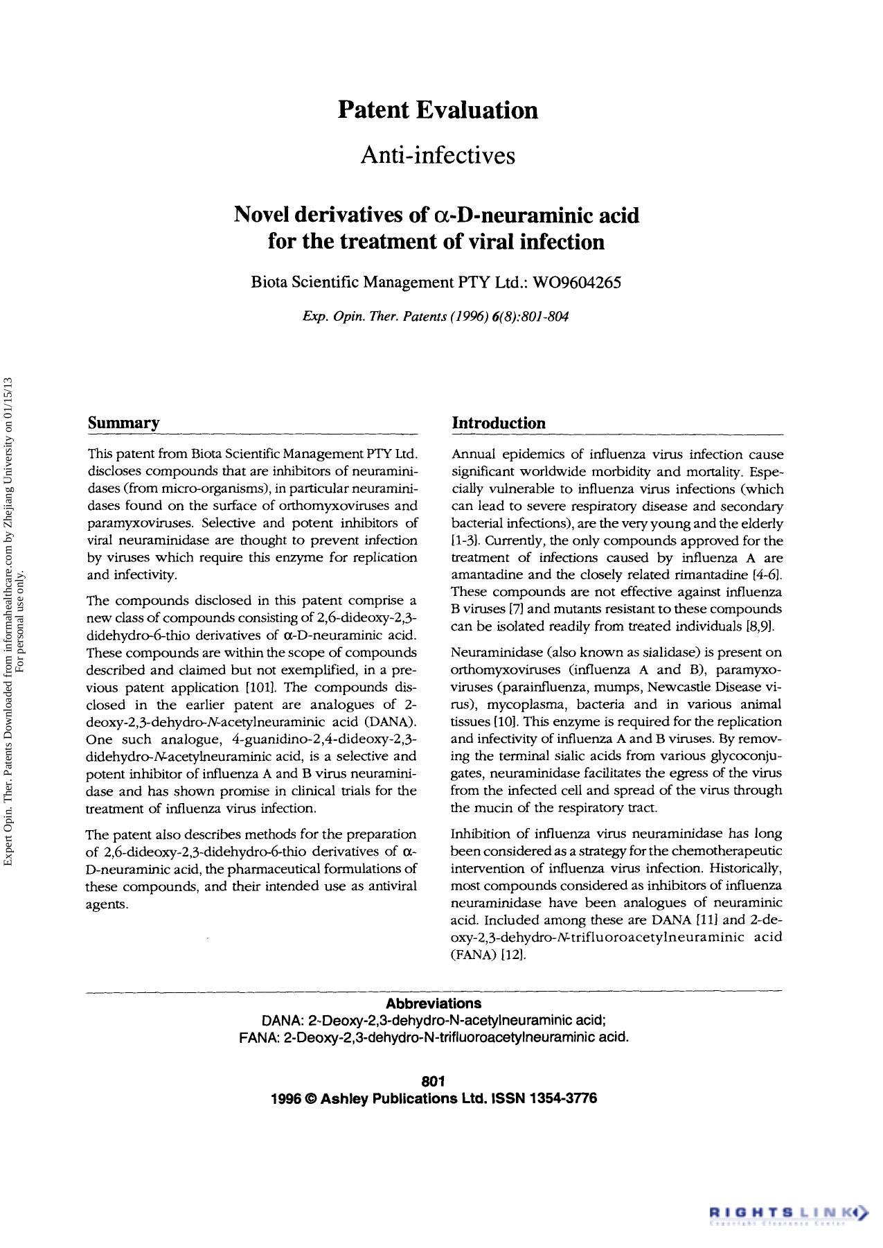 Patent Evaluation Anti-infectives: Novel derivatives of ′-D-neuraminic acid for the treatment of viral infection by Unknown
