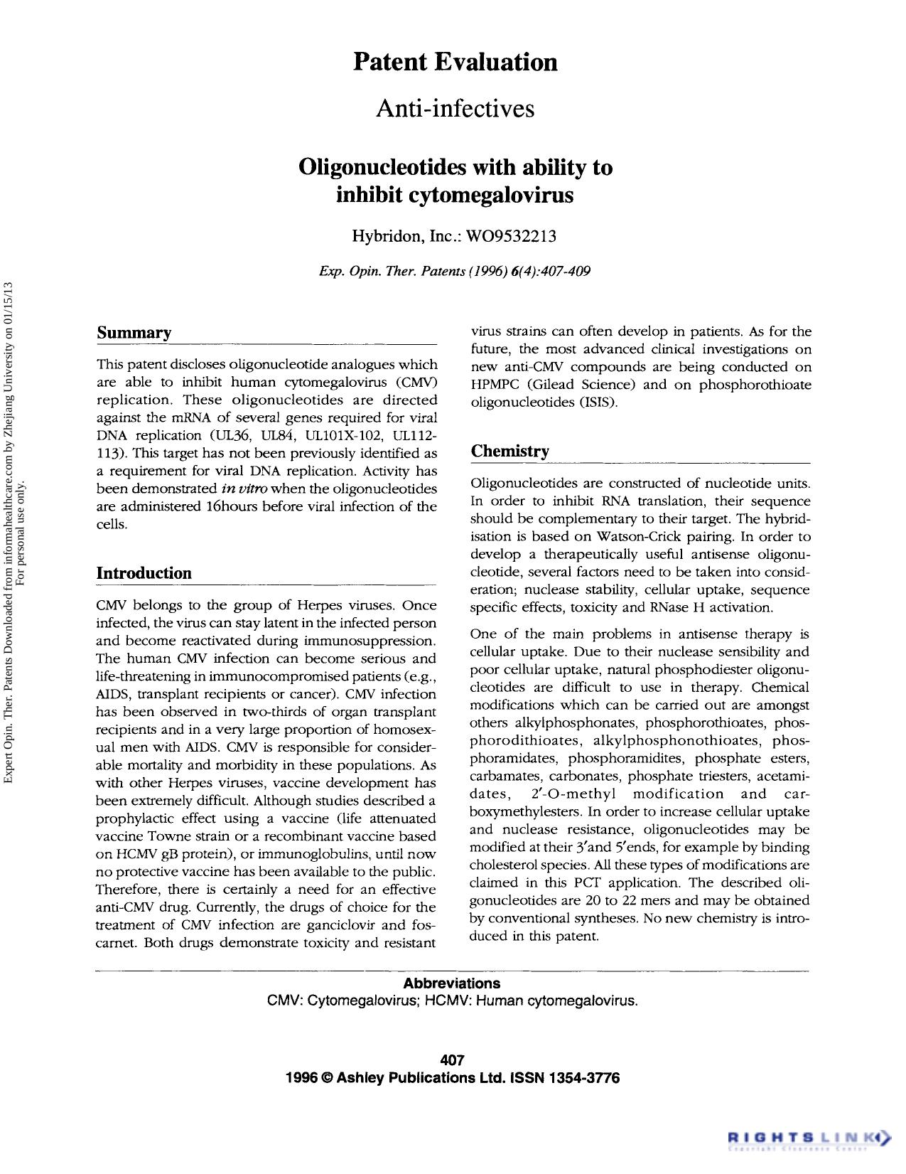 Patent Evaluation Anti-infectives: Oligonucleotides with ability to inhibit cytomegalovirus by Unknown