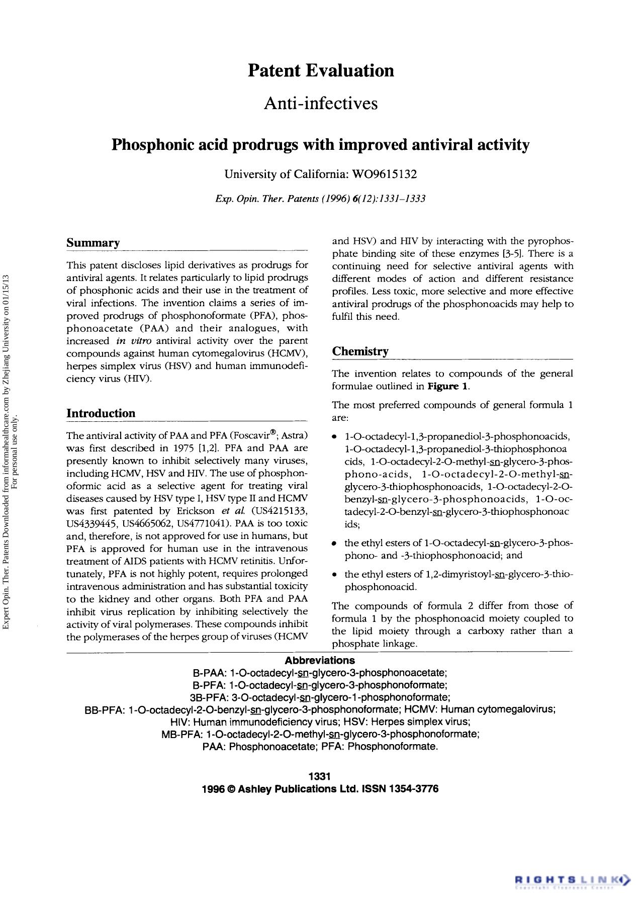 Patent Evaluation Anti-infectives: Phosphonic acid prodrugs with improved antiviral activity by Unknown